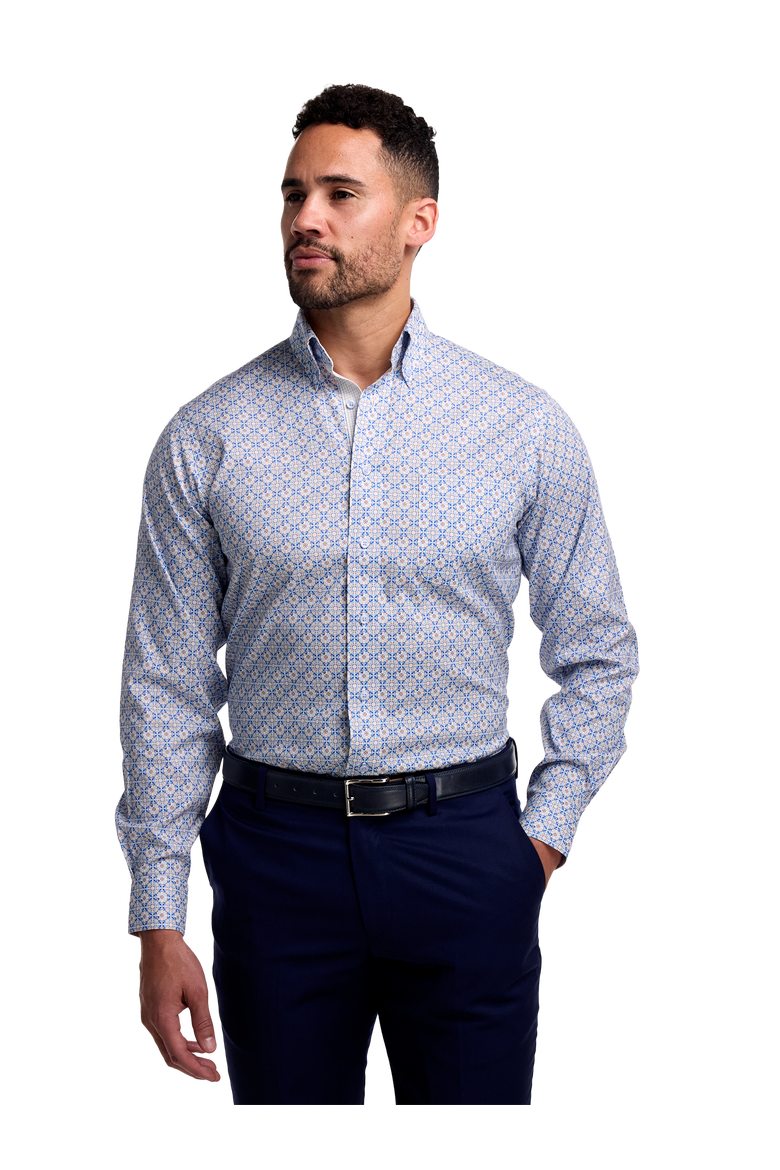 Cotton Spandex Buttondown Collar Pinpoint Classic Contrast Trim Button Cuff Long Sleeve, Alternate, color, Blue Multi