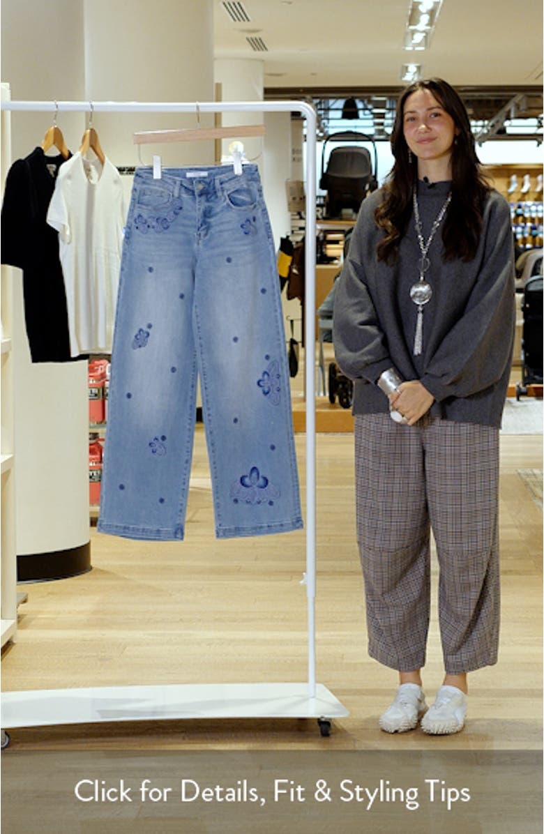 Floral Embroidered Mid Rise Wide Leg Jeans, sales video thumbnail