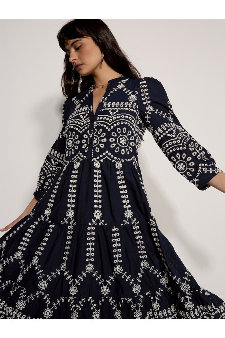 Contrast Broderie Anglaise Midi Dress, Alternate, color, Navy
