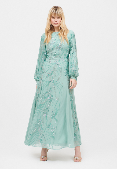 Maryisa Embellished Sequin Beaded Boat Neck Maxi Dress In Misty Green