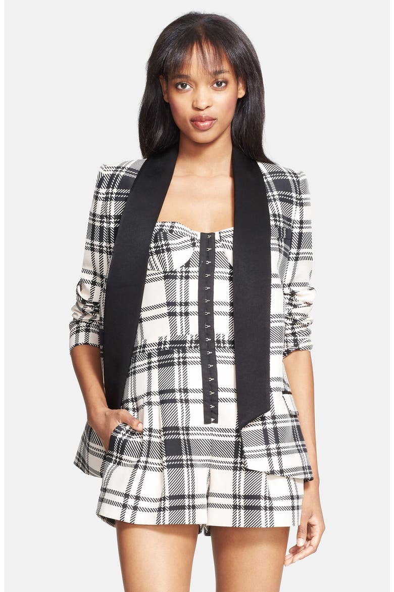 Plaid Satin Back Crepe Blazer, Main, color, BUFF/ BLACK