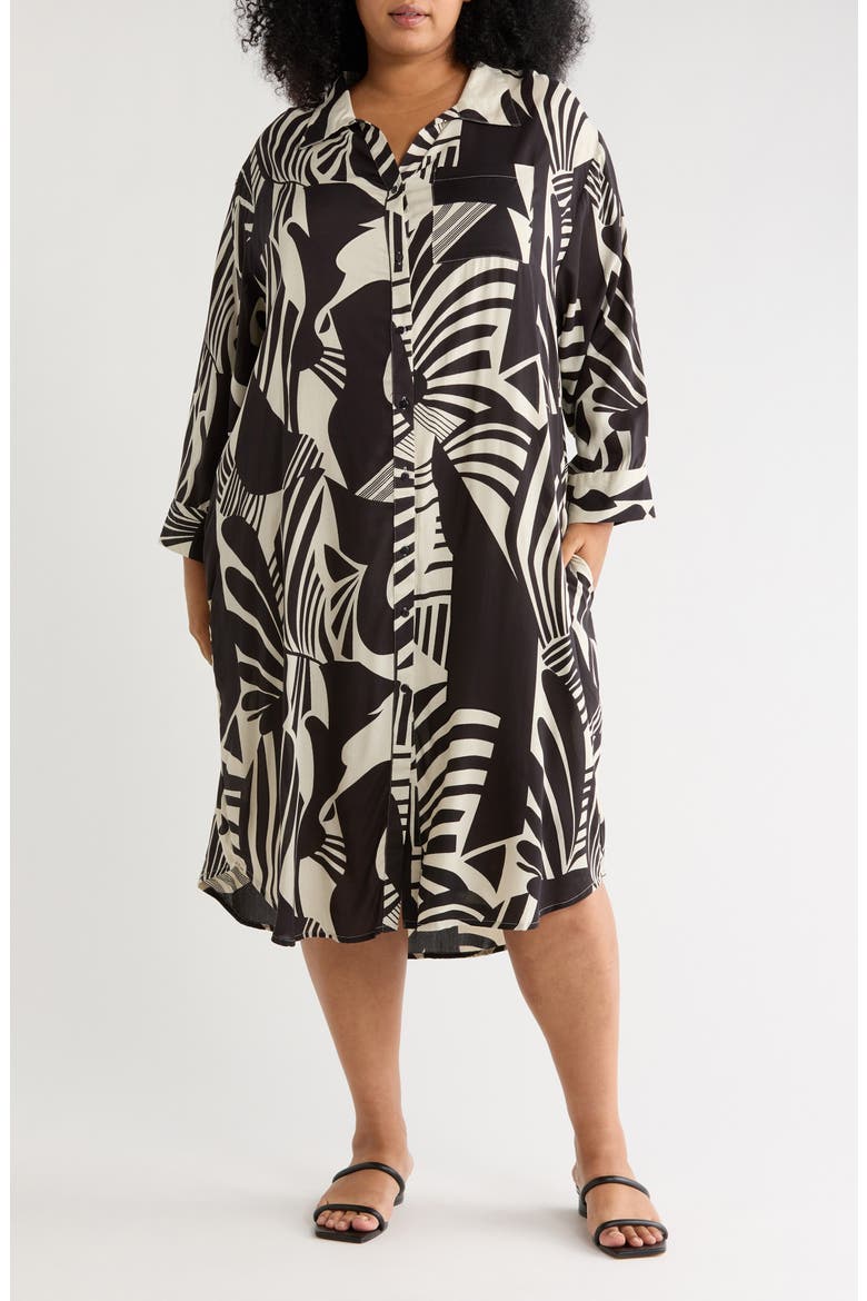 Tropical Long Sleeve Shirtdress, Main, color, BLK/WHITE