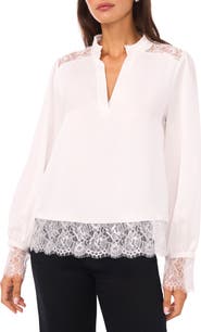 Vince Camuto Ruffle & Lace Trim Hammered Satin Top