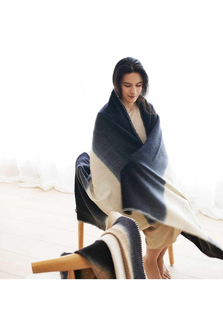 Ink Black White Ombre Textured Throw In Hand Spun Merino And Hand Stitched Hem, Alternate, color, Black