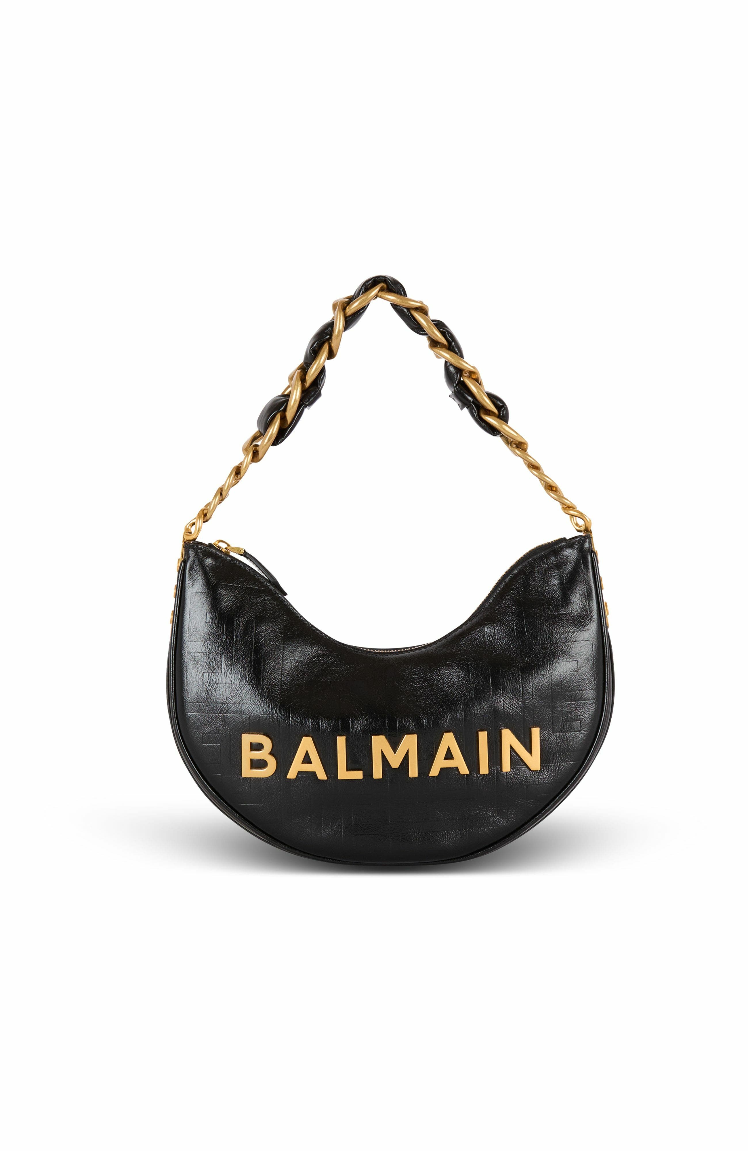 Balmain 1945 Soft Moon Bag In Crinkled Calfskin Leather Embossed With A Pb Labyrinth Monogram, Main, color, 