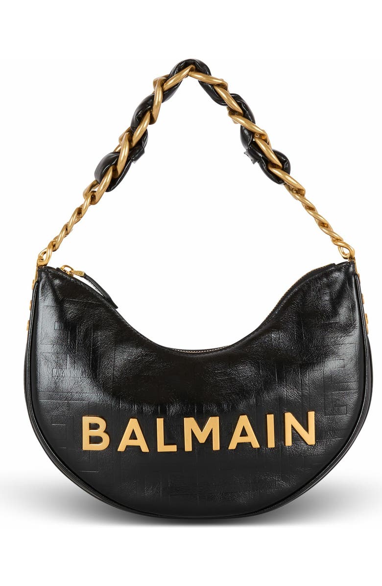 Balmain 1945 Soft Moon Bag In Crinkled Calfskin Leather Embossed With A Pb Labyrinth Monogram, Main, color,