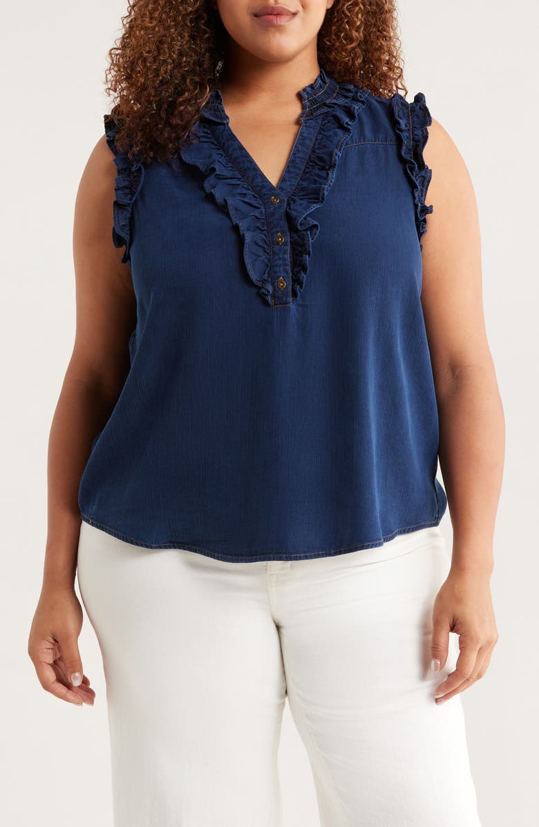 Wit & Wisdom Ruffle Trim Sleeveless Chambray Top, Main, color, Indigo