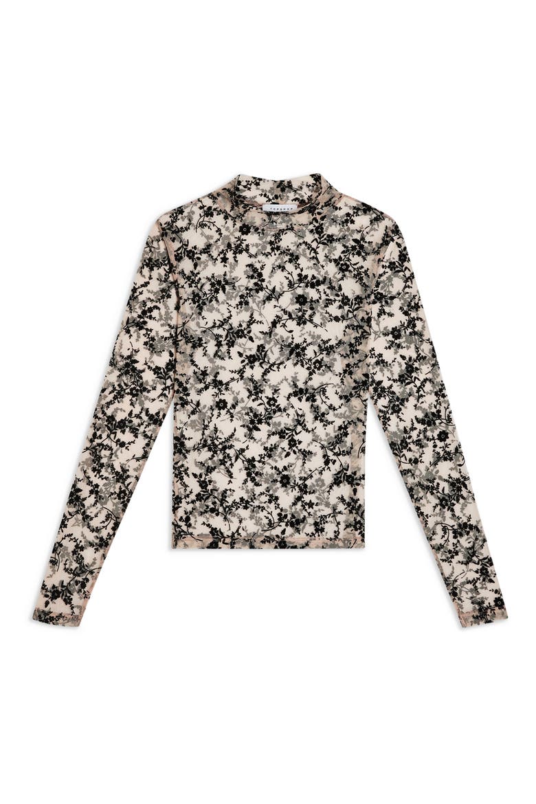 Floral Flock Mesh Mock Neck Top, Alternate, color, PINK MULTI