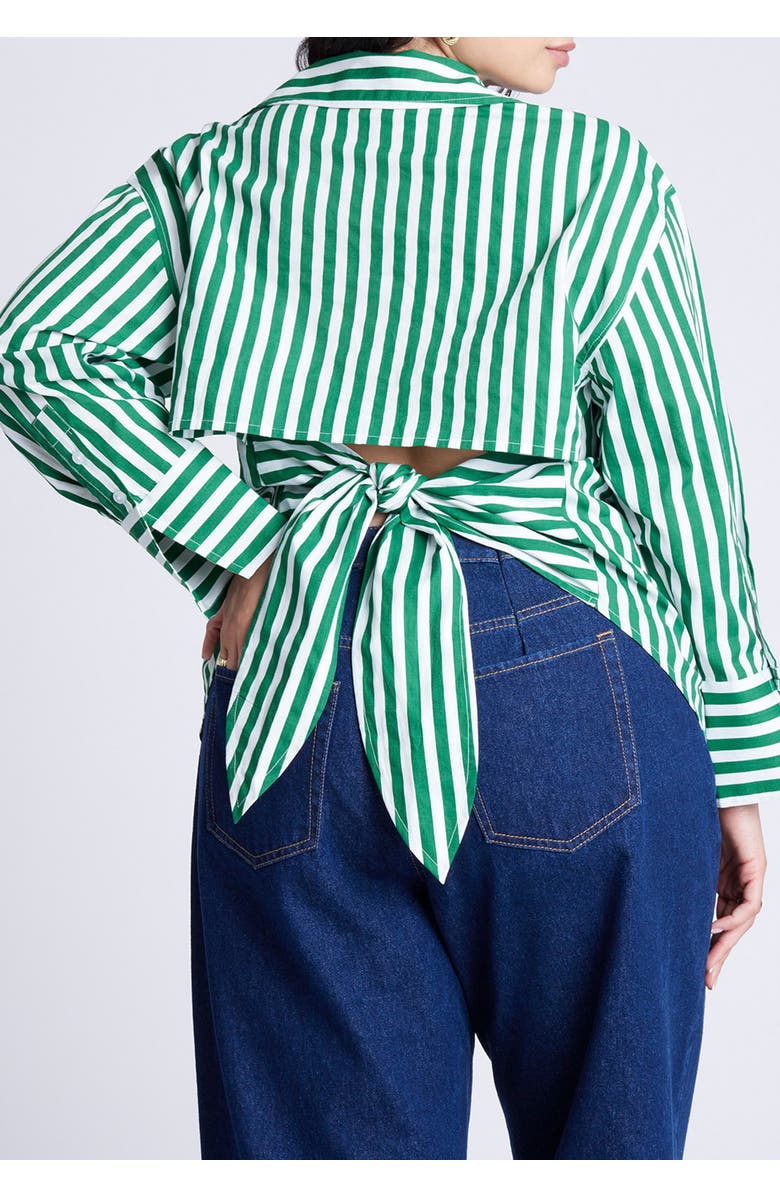 ELOQUII Striped Tie Back Button Up Top, Alternate, color, Green And White Stripe