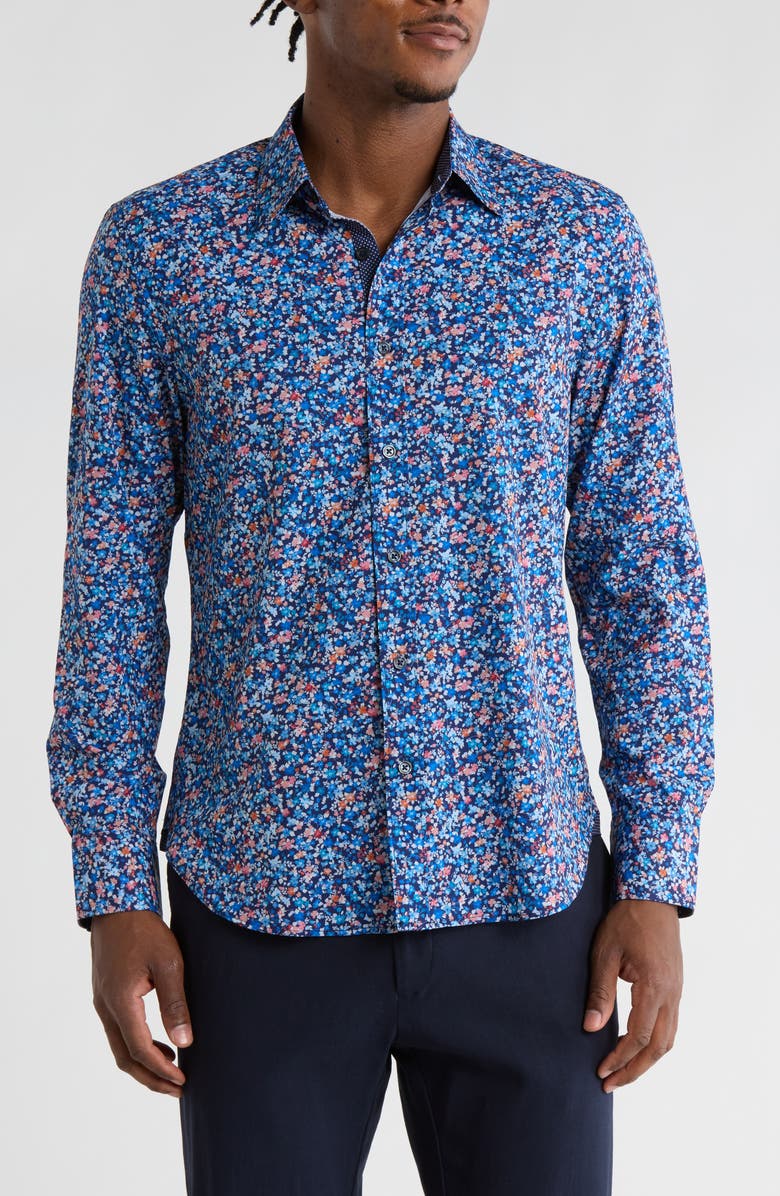 CONSTRUCT Floral Print Stretch Dress Shirt, Main, color, Navy/ Red