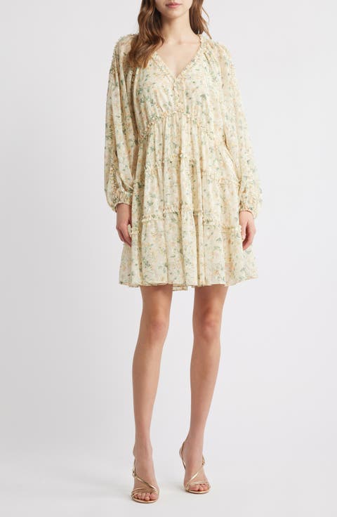 Tiered Ruffle Long Sleeve Chiffon Dress