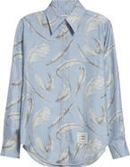Thom Browne Feather Print Stripe Silk Button-Up Shirt