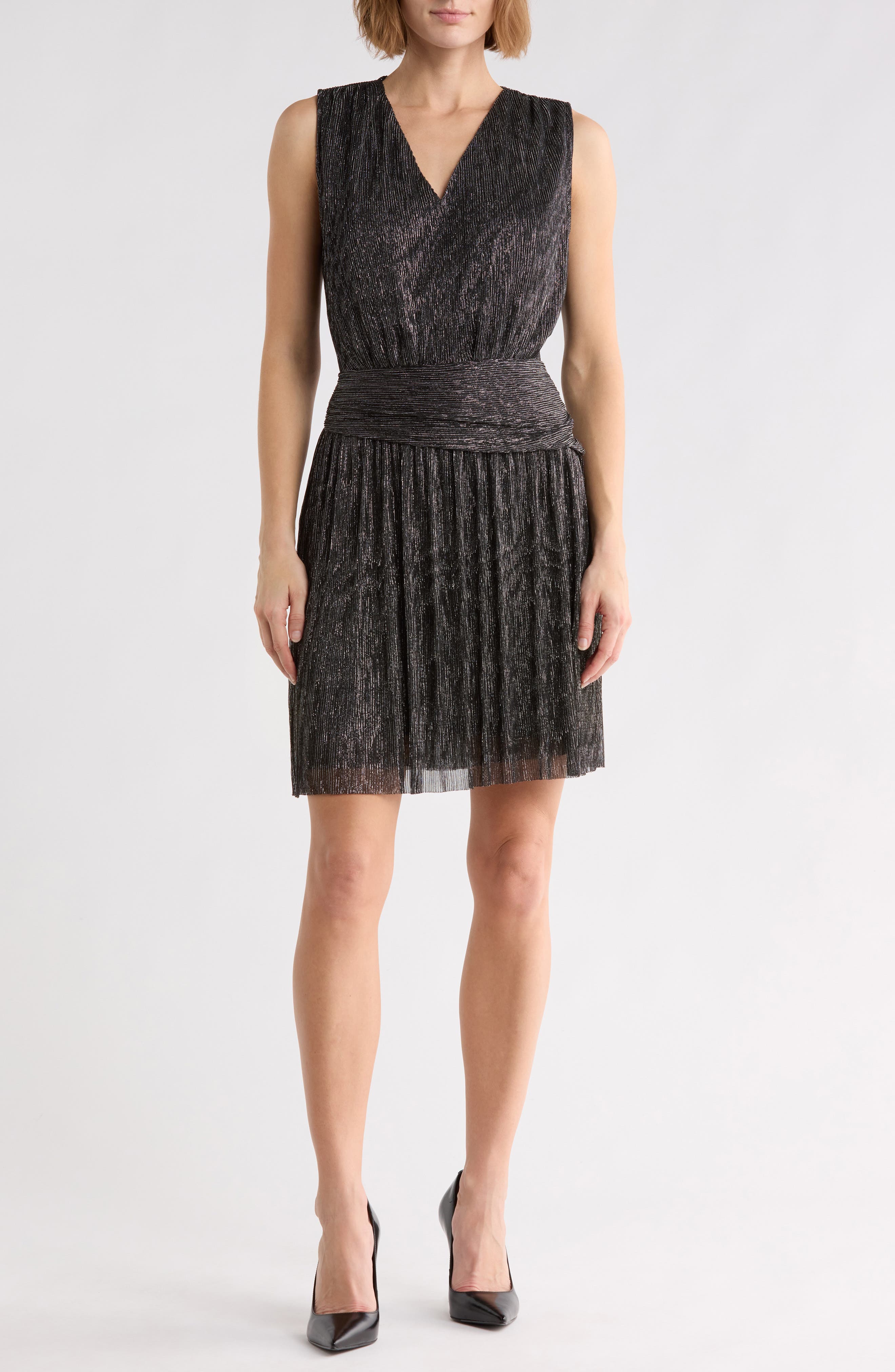 Danielle Sleeveless Metallic Pleated Dress