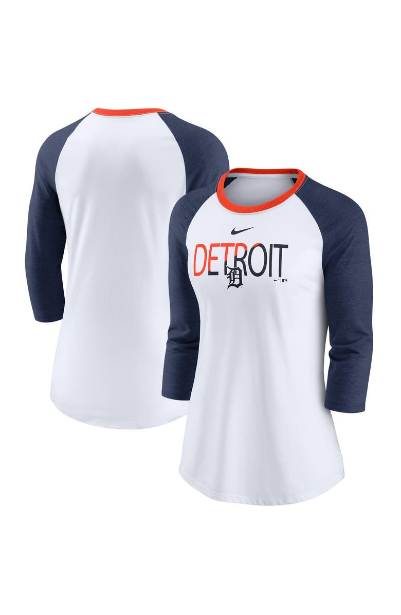 Nike Women's Nike White/Heathered Navy Detroit Tigers Color Split Tri-Blend 3/4-Sleeve Raglan T-Shirt, Main, color, 