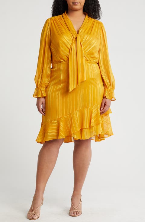 Stripe Tie Neck Long Sleeve Chiffon Dress (Plus)