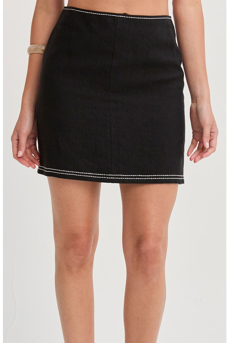 Embroidered Contrast Stitch Linen Mini Skirt, Main, color, Black