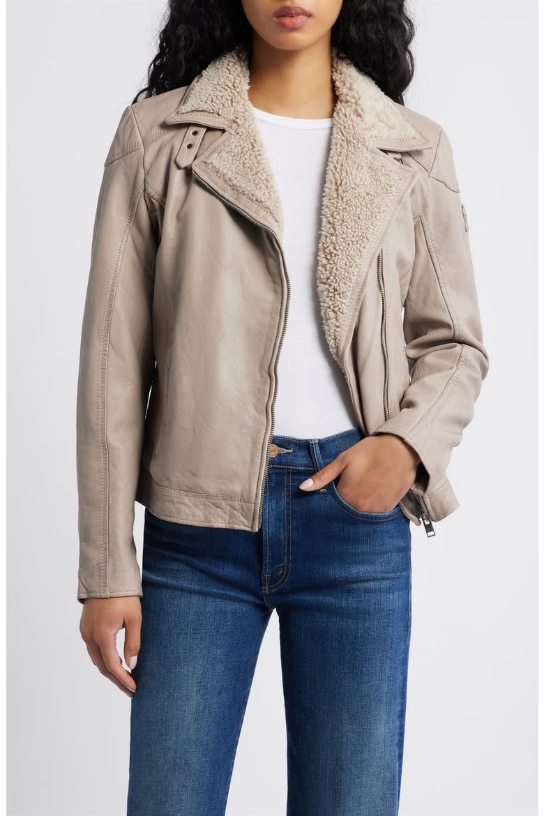 Jenja Fleece Lined Leather Moto Jacket, Main, color, STONE