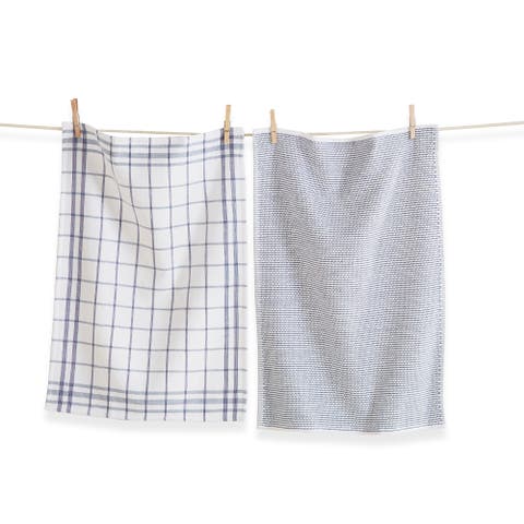 Classic Blue Cotton Set of 2 Checked Solid Terry Cloth Towels