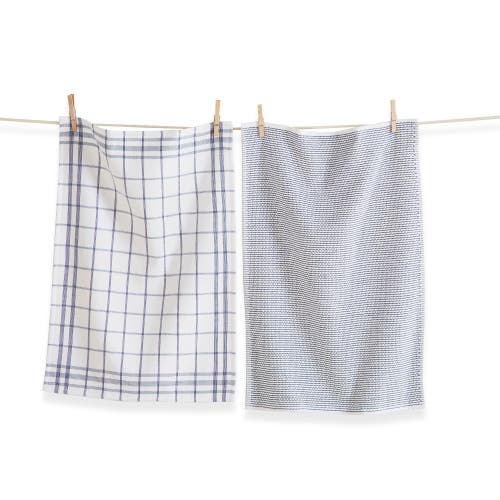 Tag 26l"x18w" Classic Blue Cotton Set Of 2 Checked And Solid Terry Cloth Dishtowel Kitchen Towel Mac In White