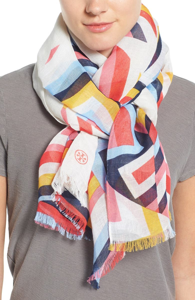 Tory Burch Stripe T-Print Linen Blend Scarf, Main, color,