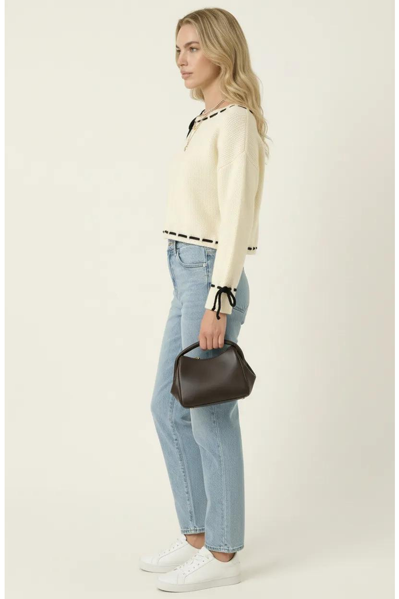 Contrast Tie Scalloped Boat Neck Cropped Hem Knit Sweater, Alternate, color, Ivory