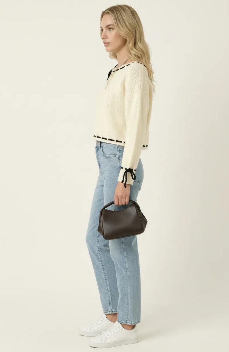 Modenaire Contrast Tie Scalloped Boat Neck Cropped Hem Knit Sweater, Alternate, color, Ivory