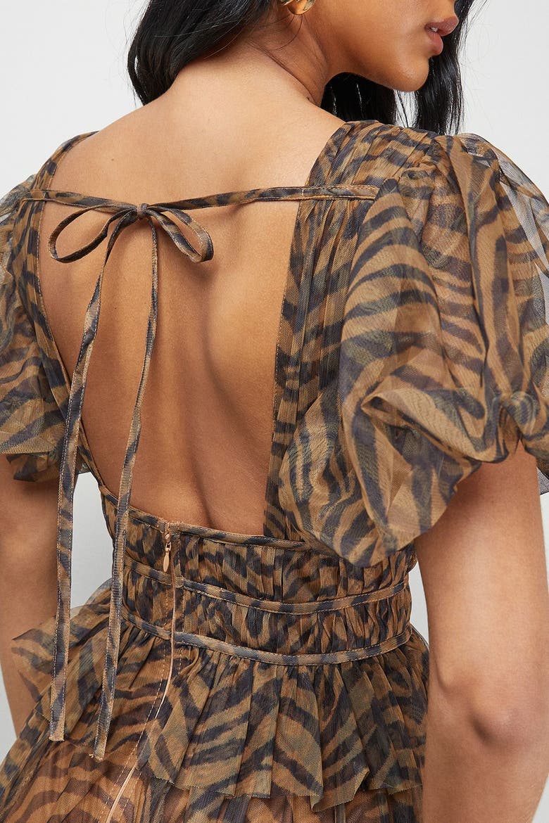 Zebra Print Tulle Ruffle Maxi Dress, Alternate, color, Animal
