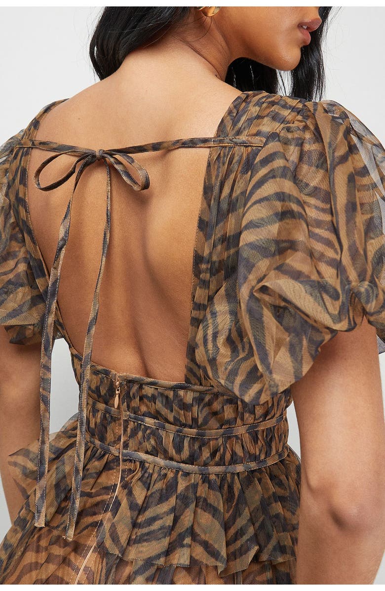Warehouse Zebra Print Tulle Ruffle Maxi Dress, Alternate, color, Animal