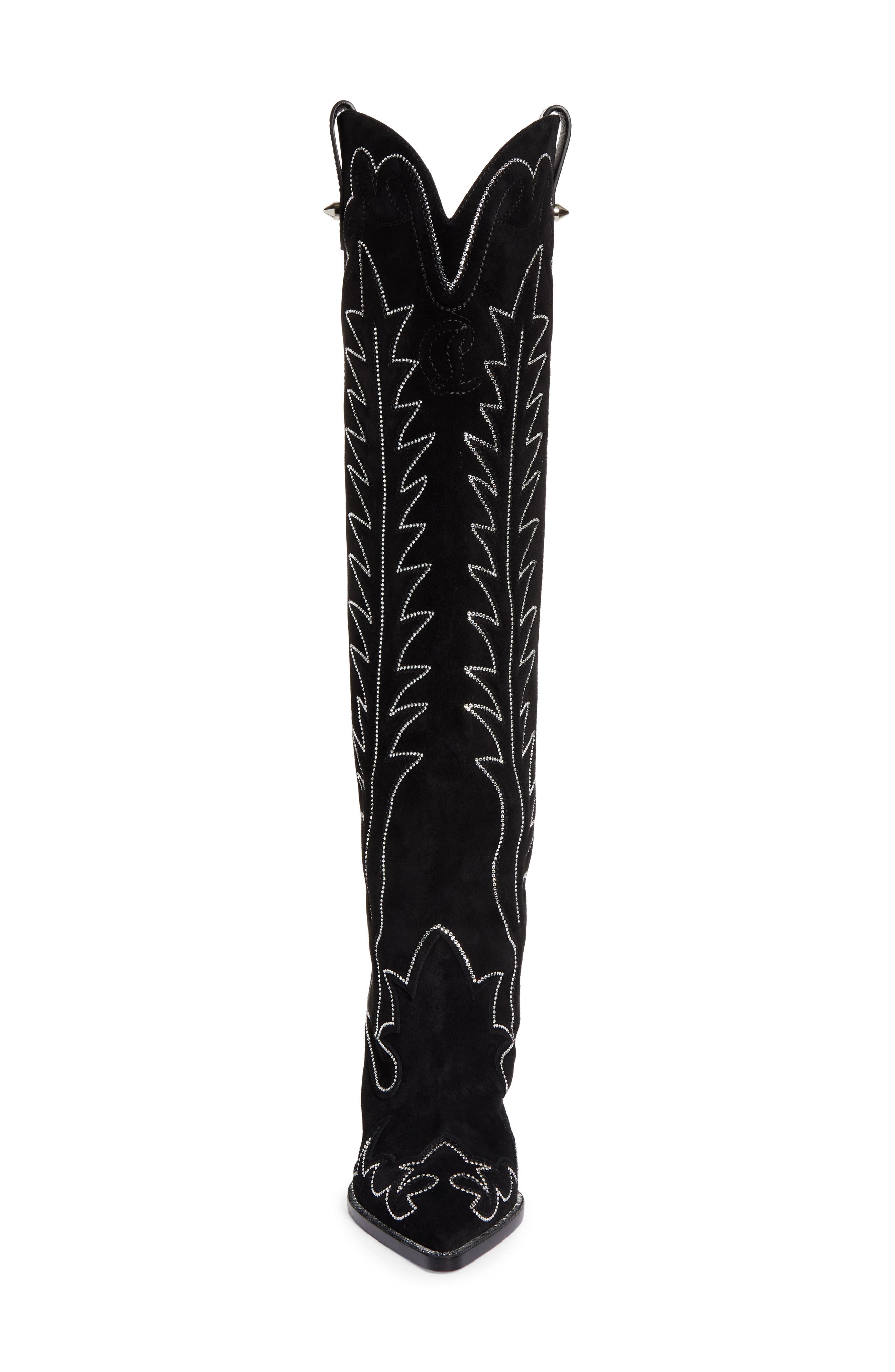 Christian Louboutin Santia Crystal Beaded Knee High Western Boot, Alternate, color, Black/ Bk Luc