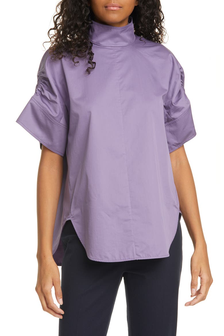 Shirred Sleeve Eco Poplin Top, Main, color, GREY PURPLE