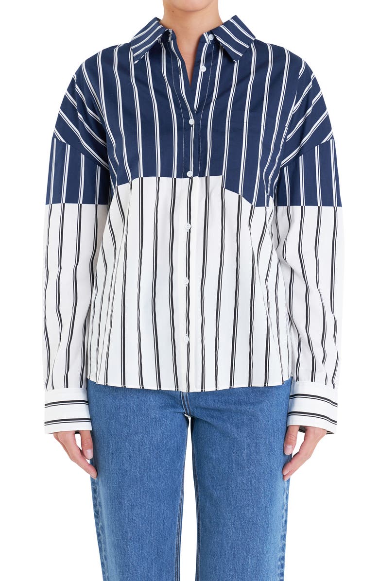 English Factory Stripe Colorblock Button-Up Shirt, Alternate, color,