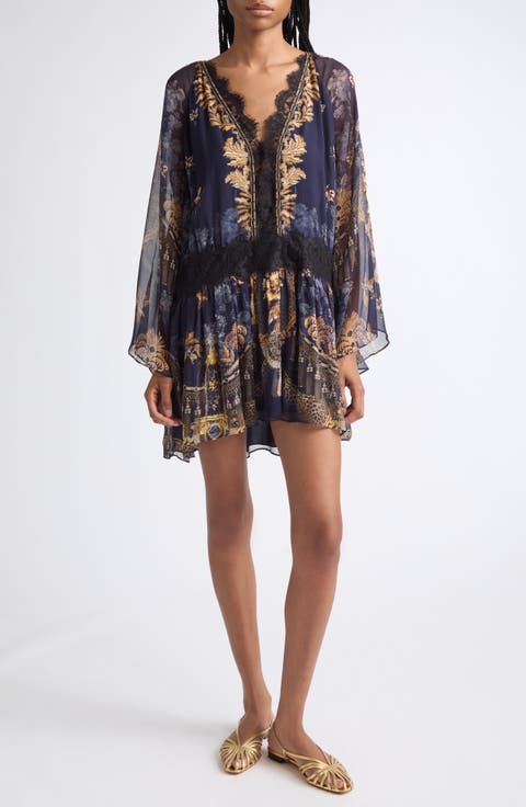 Relaxed Lace Trim Silk Minidress