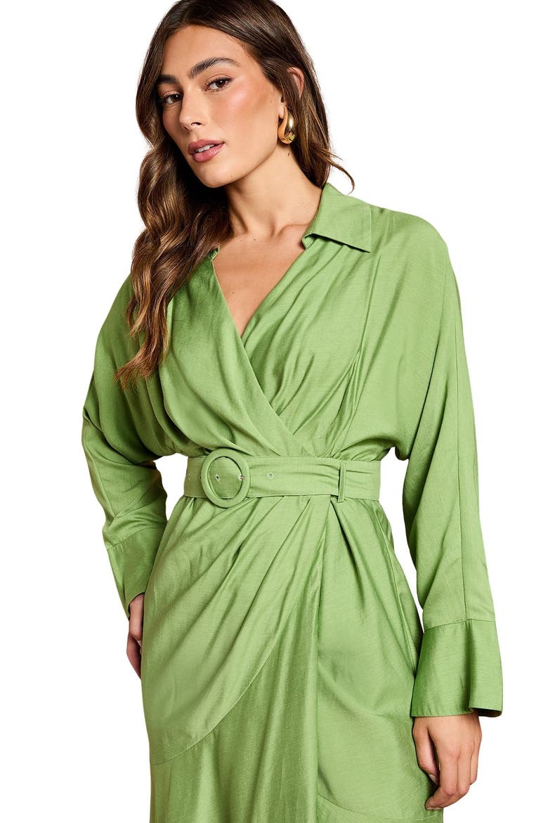 Twill Long Sleeve Belted Wrap Dress, Alternate, color, Green