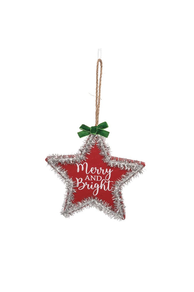 Merry Bright Star Ornament Red Tinsel Christmas Tree Decoration, Main, color, Red