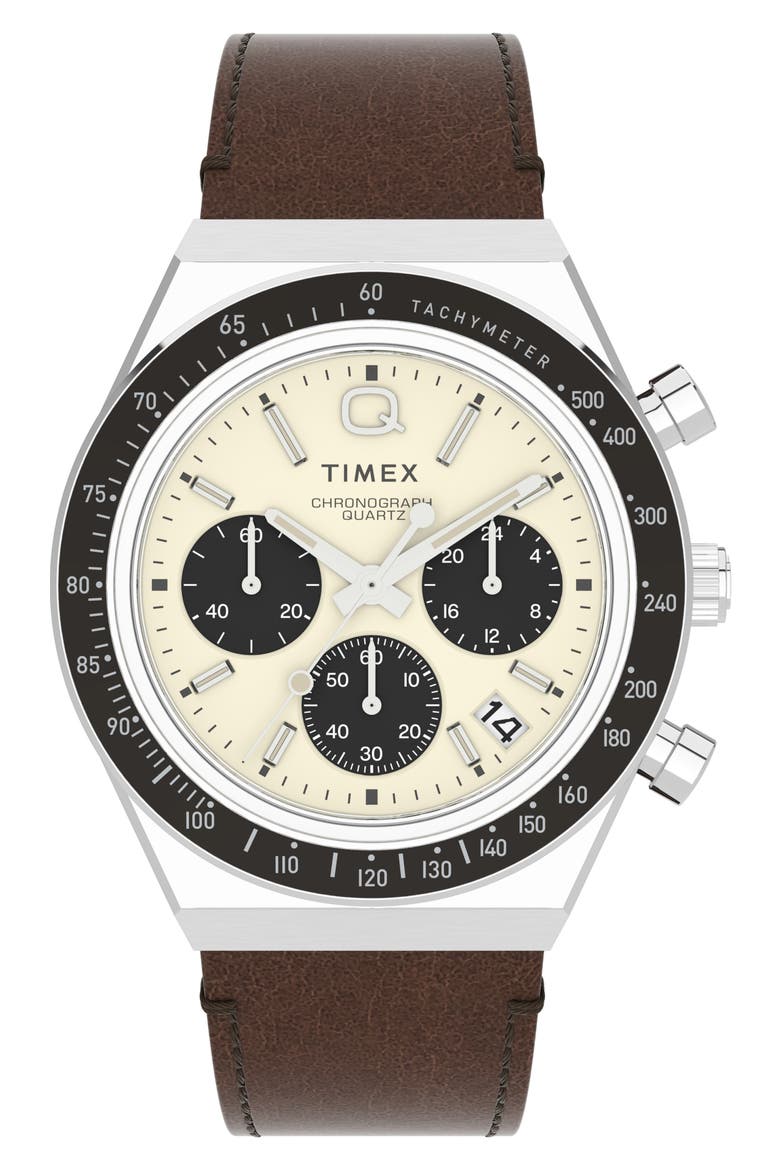 Q Timex Chronograph Leather Strap Watch, 40mm, Main, color, STAINLESS STEEL