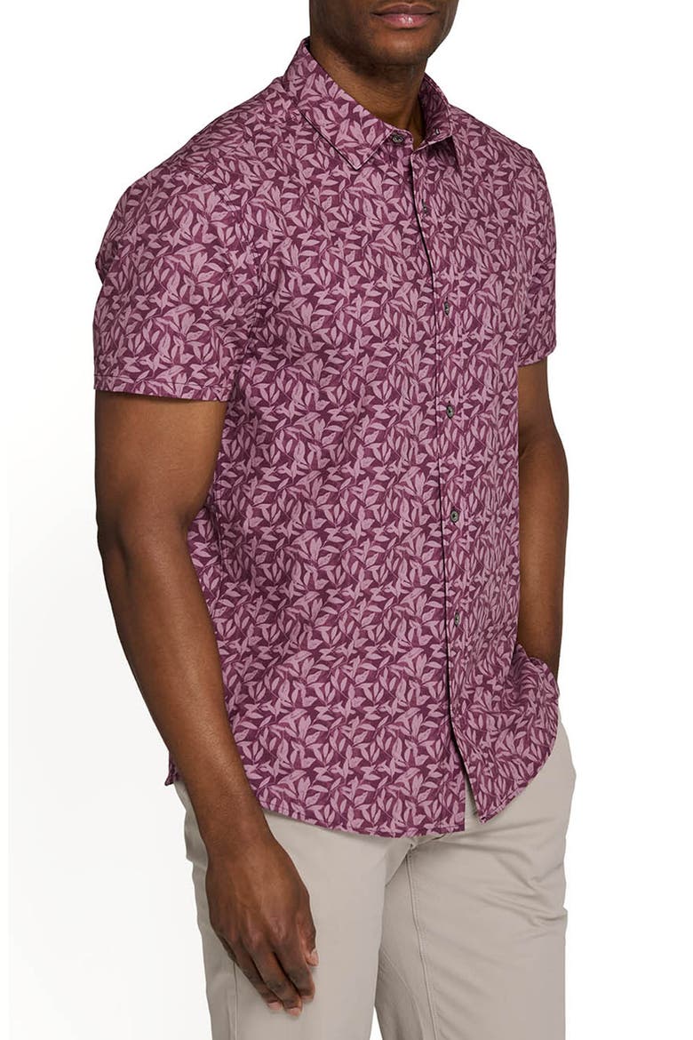 Leaf Print Performance Short Sleeve Button-Up Shirt, Alternate, color, MAROON