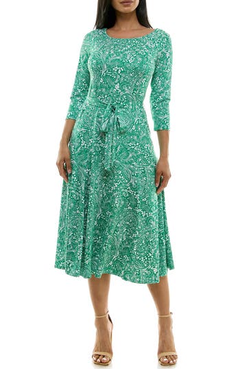 Shop Nina Leonard Crewneck Three-quarter Sleeve Midi Dress In Bright Green/white