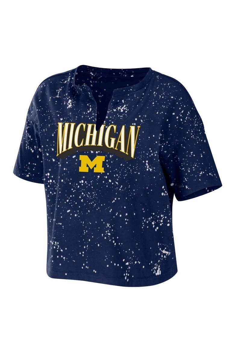 Women's WEAR by Erin Andrews Navy Michigan Wolverines Bleach Wash Splatter Cropped Notch Neck T-Shirt, Alternate, color, Navy