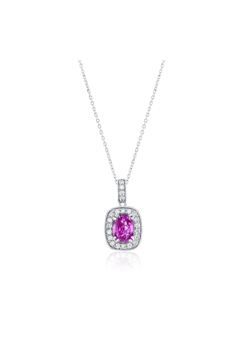 14K Gold Pink Sapphire & White Diamond Halo Pendant Necklace, Main, color, Pink