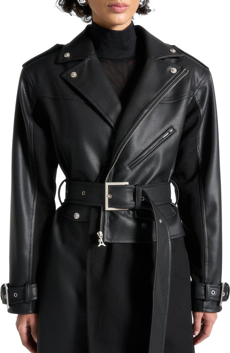 Manière De Voir Ayleen Leather Biker Trench Coat, Alternate, color, Black