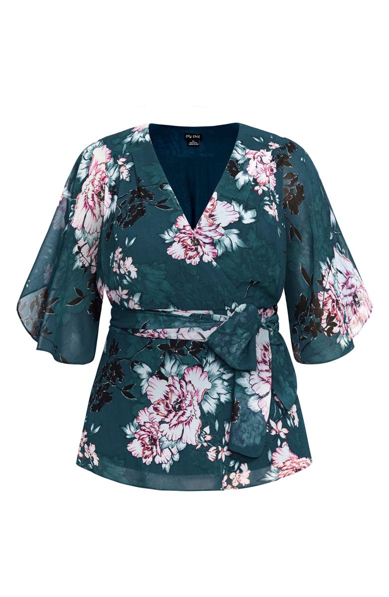 City Chic Blossom Jade Wrap Front Blouse, Alternate, color, 