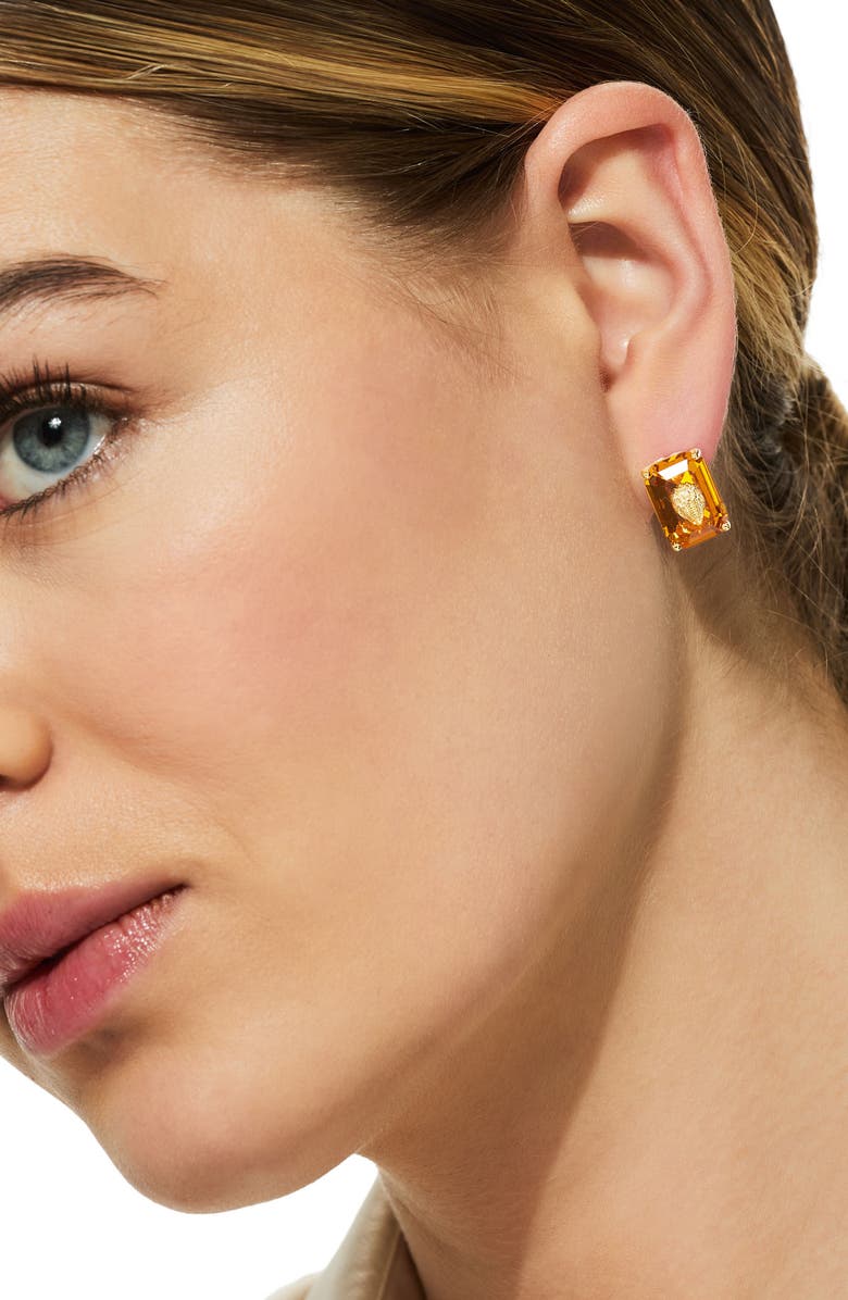 Kurt Geiger London Eagle's Head Emerald Cut Crystal Stud Earrings, Alternate, color, Topaz