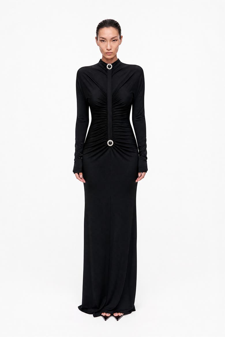 Stone Detail Draped Maxi Dress, Alternate, color, Black