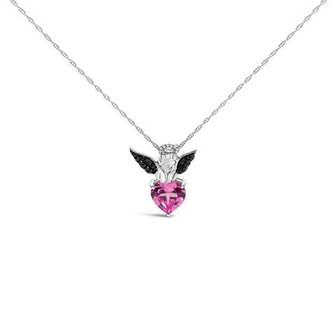 Sterling Silver Diamond Accent & Created Pink Sapphire Angel Heart Pendant Necklace