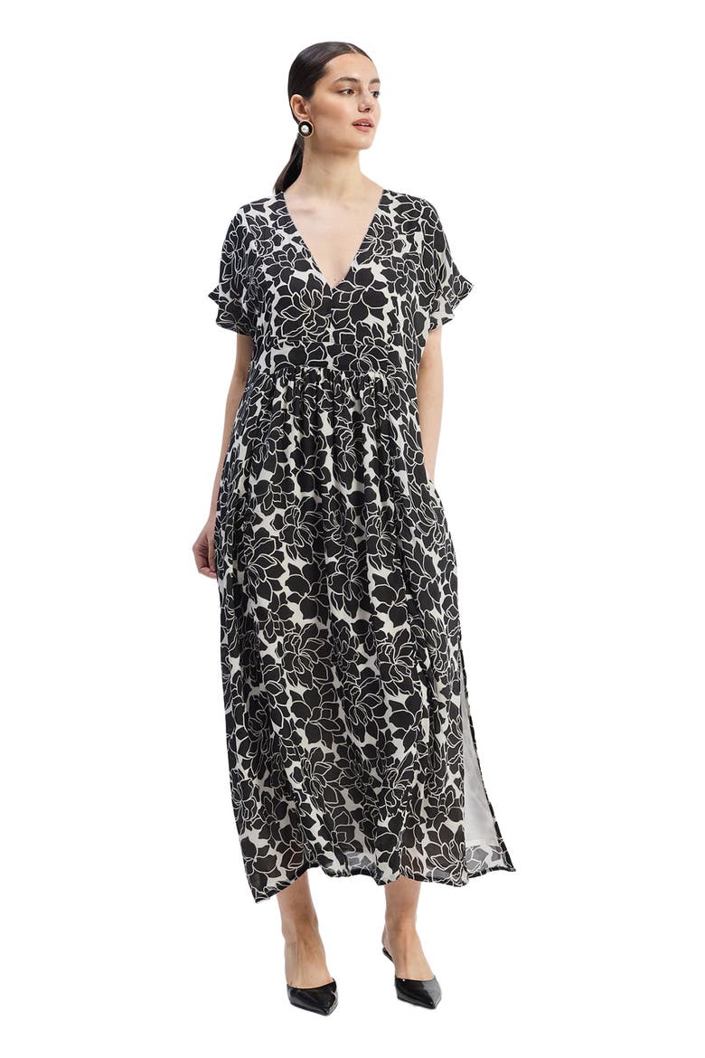 Deep V-neck Maxi Dress with Front Gathers in Black Florals, Alternate, color, Midnight Bloom