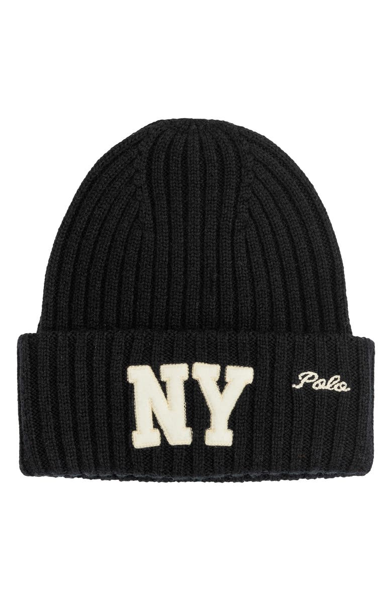 Polo Ralph Lauren NY Appliqué Wool Rib Beanie, Main, color, Polo Black