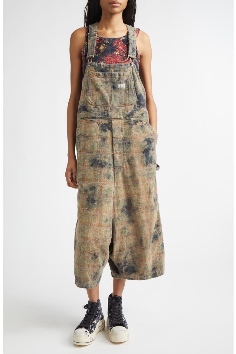 Overdyed Plaid Cotton Flannel Jumbo Overalls, Main, color, BLEACHED ORANGE GREEN PLAID