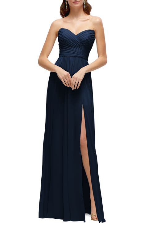 Pleat Detail Strapless Chiffon A-Line Gown (Regular & Plus)