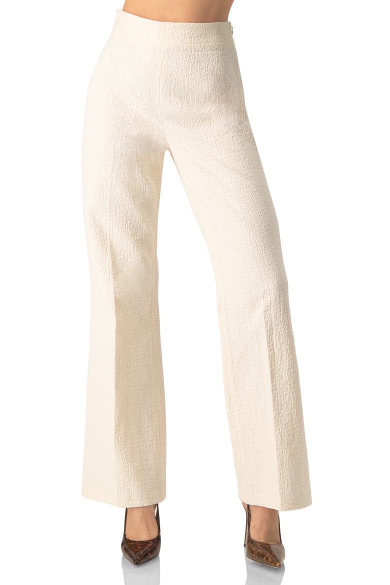 Wide-Leg Textured Trousers with Side Zipper, Main, color, Natural