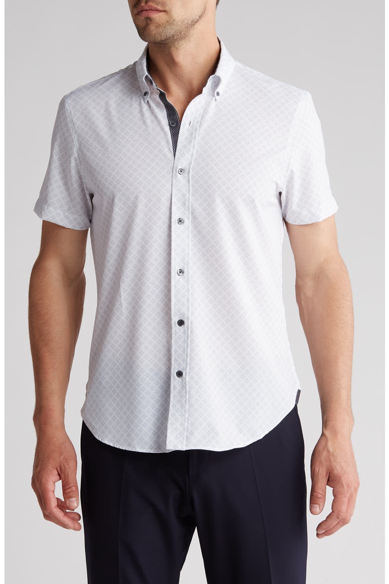 Slim Fit Geometric Four-Way Stretch Performance Short Sleeve Button-Down Shirt, Main, color, WHITE